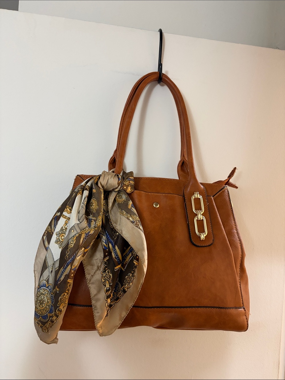 Structured Tan Tote with Gold-Tone Hardware